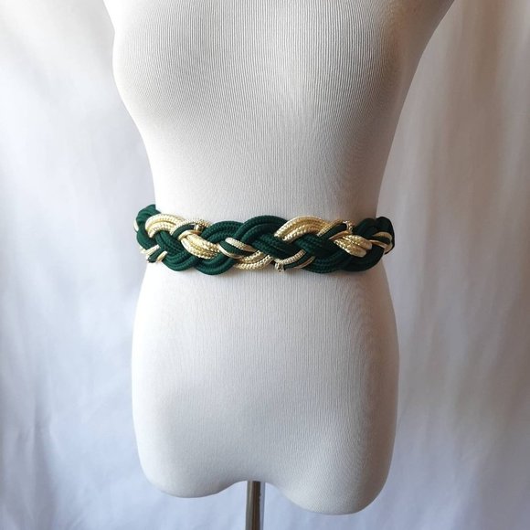 Vtg 80s Green & Gold Braided Rope Belt with Fish Hook Buckle, Fits 28" Waist - Picture 6 of 8